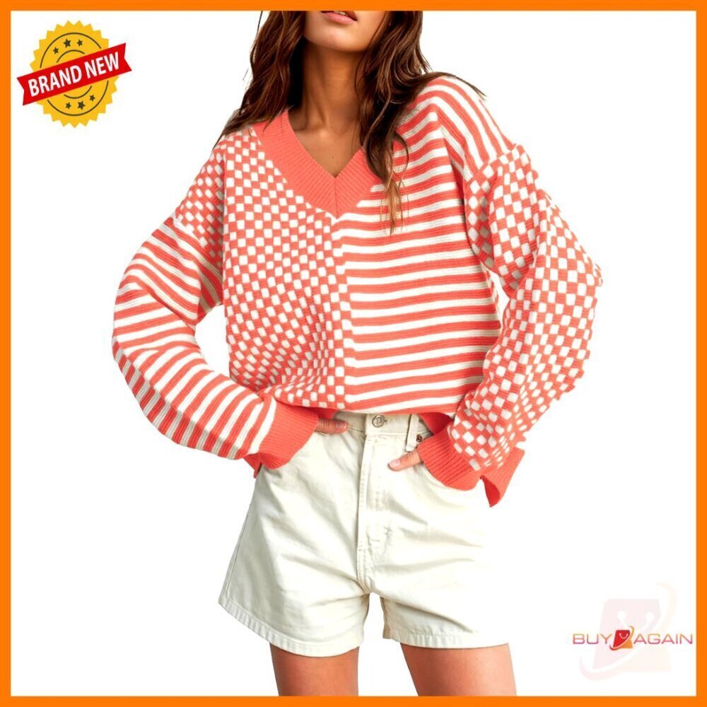 Striped V-Neck Pullover Sweater Oversized Chic Casual Knit Y2K Trendy Tops